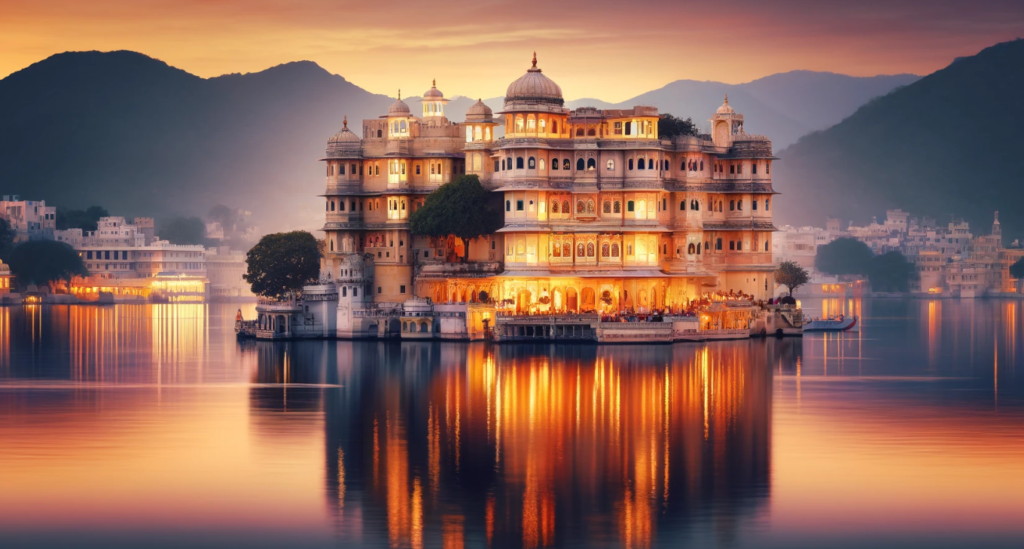 Rajasthan Essence of Royal Splendor, City Palace in Udaipur, Rajasthan, reflecting over the tranquil waters of Lake Pichola at sunset